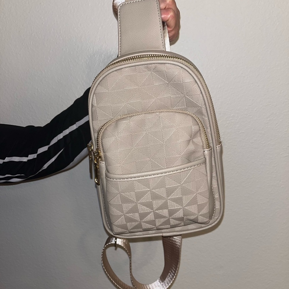 Leathered Cream Sling Crossbody Bag with Gold Accents